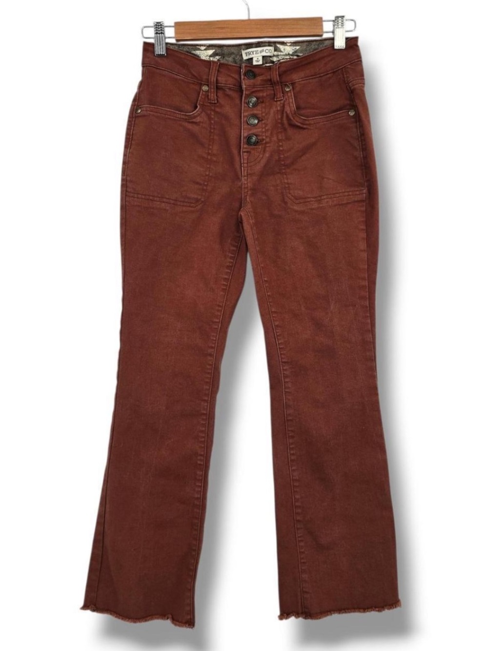 Frye High-Rise Button-Fly Flare Jeans in Rust Brown Size 10